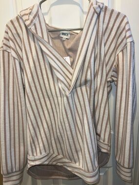 BKE Striped Hooded Pullover — White & Light Brown Stripe